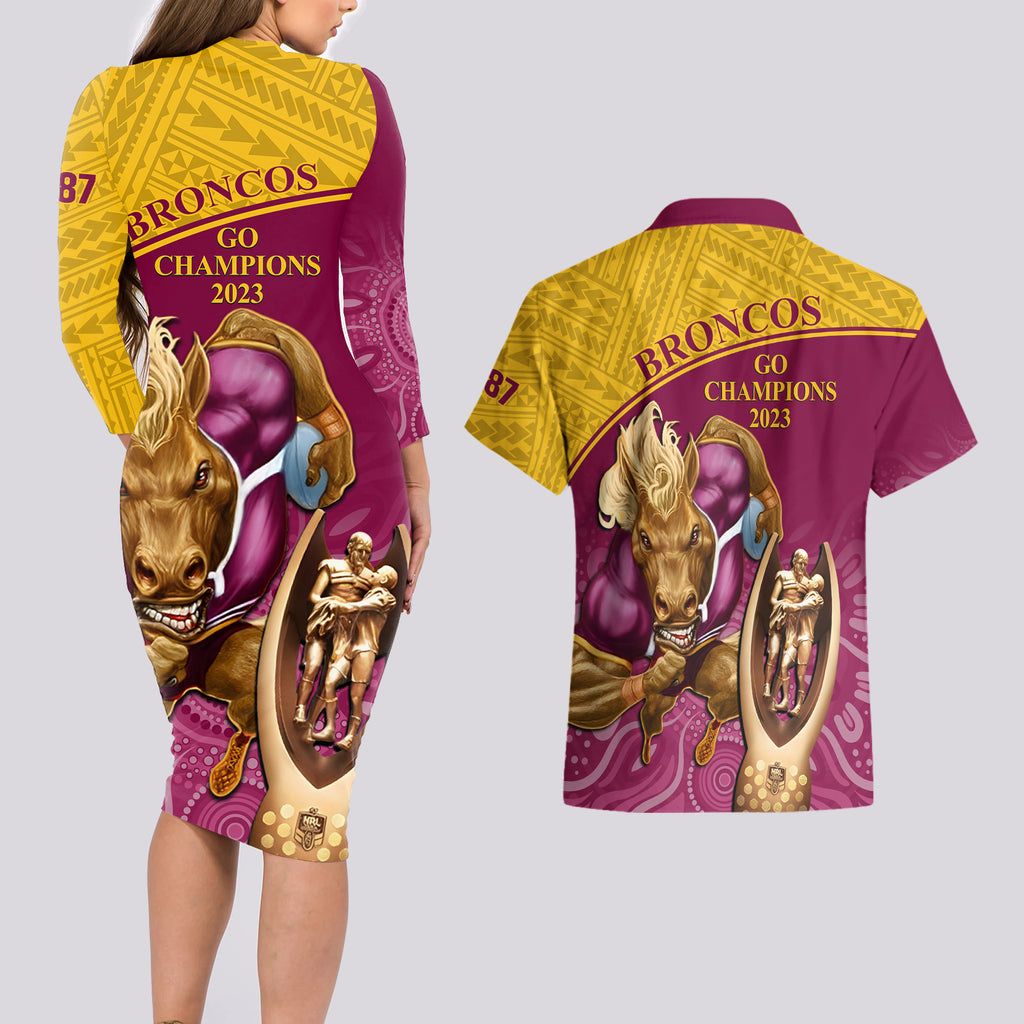 brisbane-broncos-rugby-couples-matching-long-sleeve-bodycon-dress-and-hawaiian-shirt-go-champions-2023-mascot-with-polynesian-indigenous-art