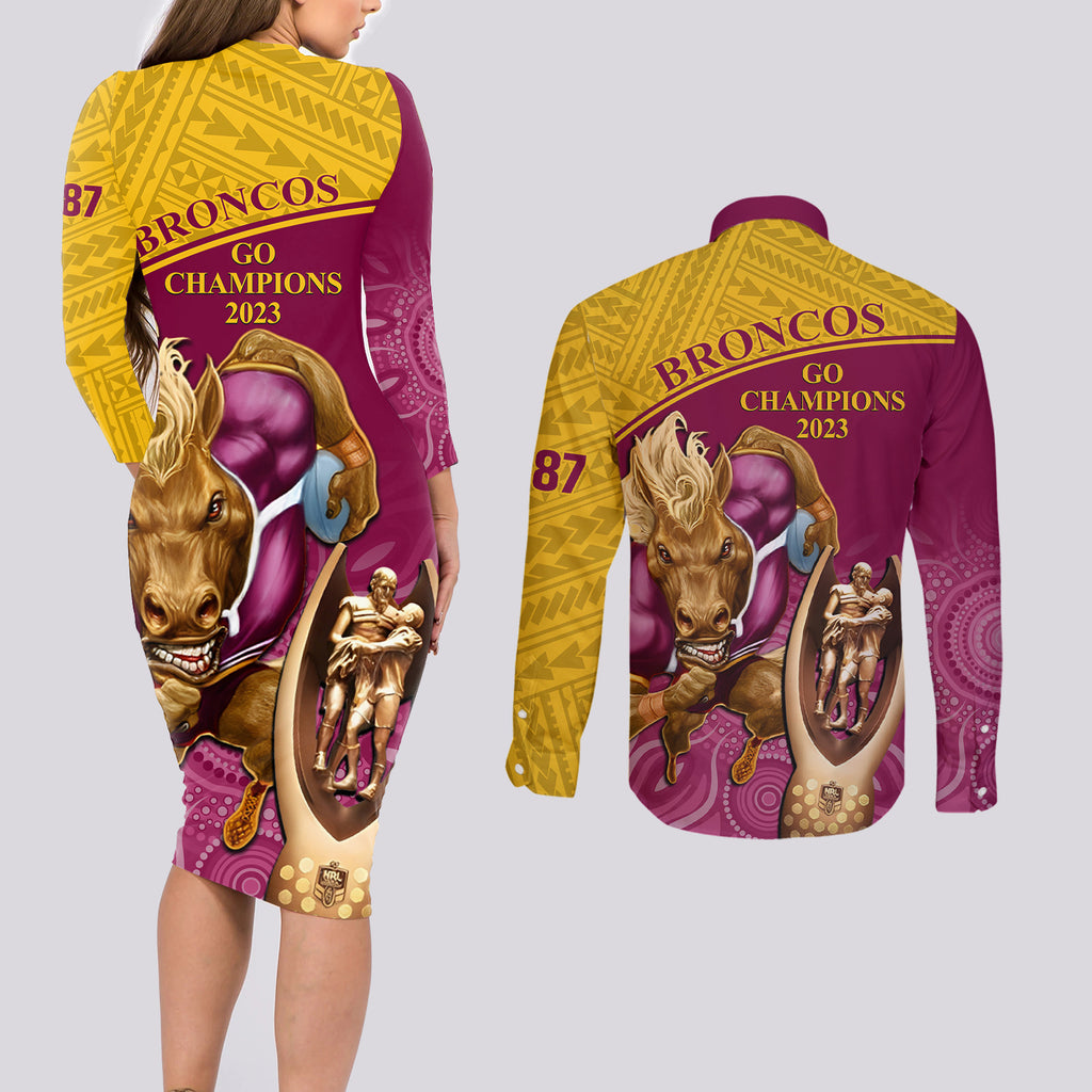 brisbane-broncos-rugby-couples-matching-long-sleeve-bodycon-dress-and-long-sleeve-button-shirts-go-champions-2023-mascot-with-polynesian-indigenous-art