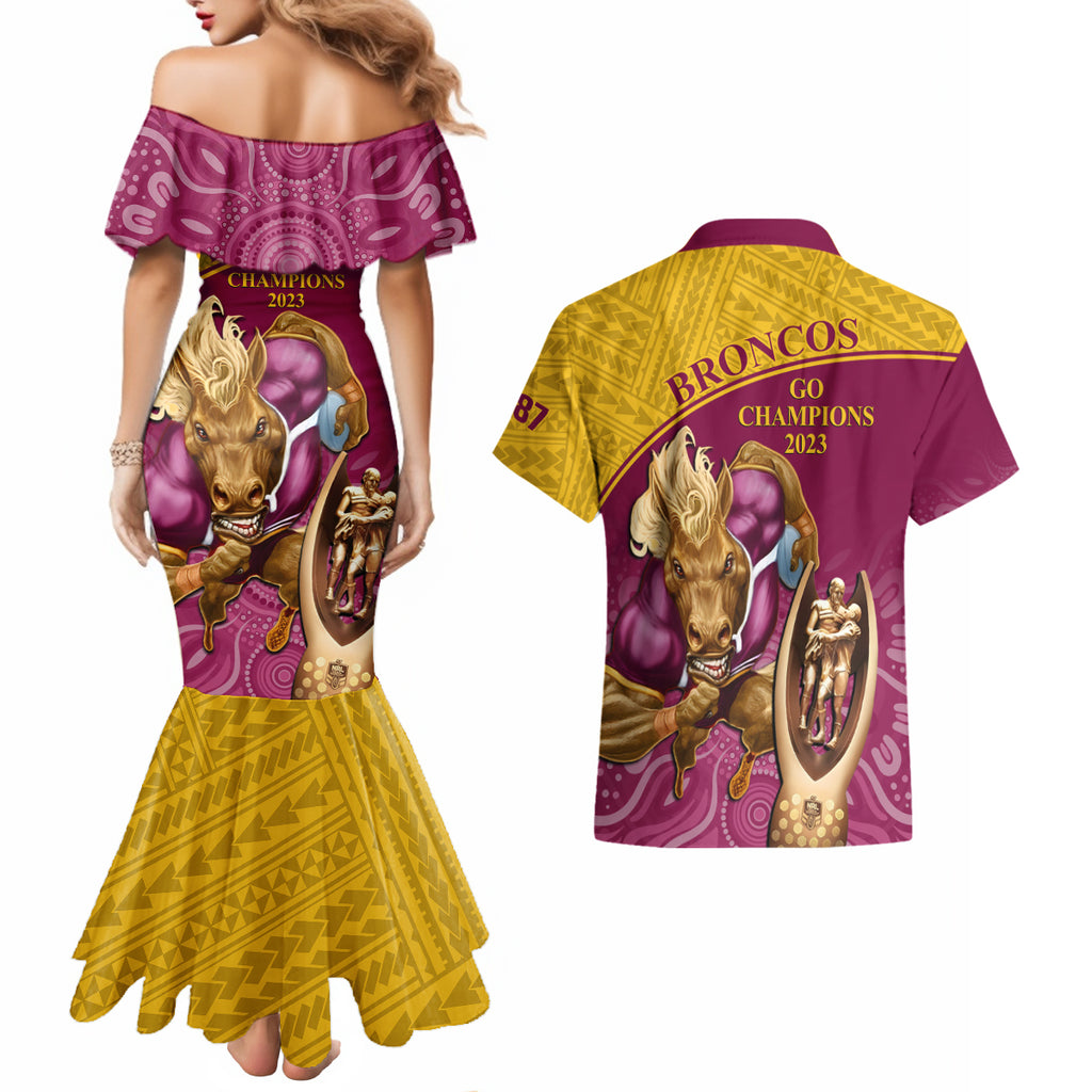 brisbane-broncos-rugby-couples-matching-mermaid-dress-and-hawaiian-shirt-go-champions-2023-mascot-with-polynesian-indigenous-art