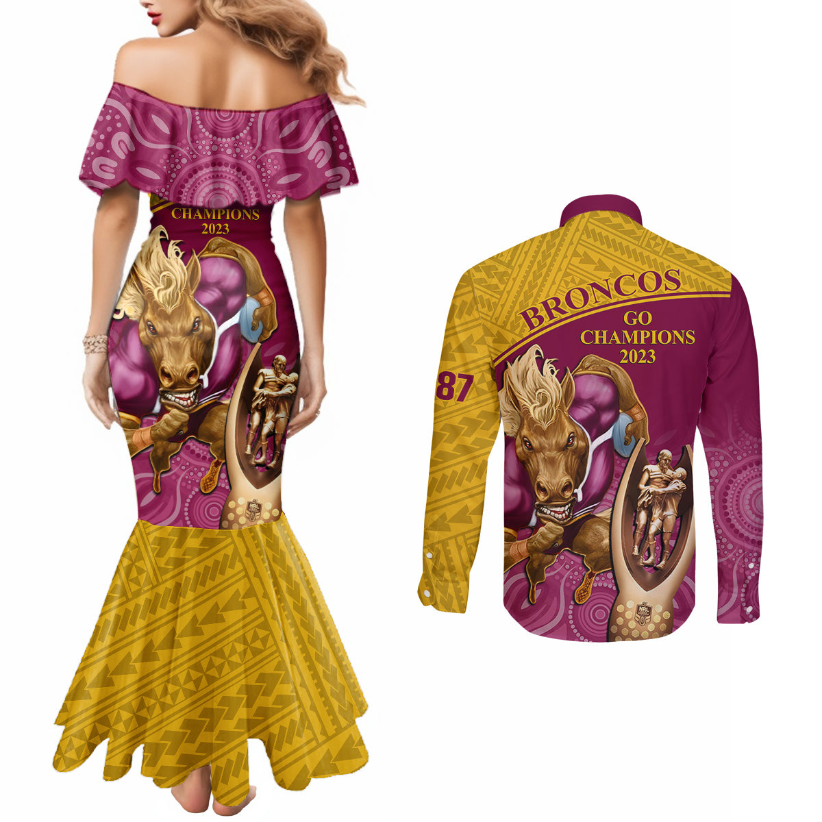 brisbane-broncos-rugby-couples-matching-mermaid-dress-and-long-sleeve-button-shirts-go-champions-2023-mascot-with-polynesian-indigenous-art