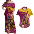 brisbane-broncos-rugby-couples-matching-off-shoulder-maxi-dress-and-hawaiian-shirt-go-champions-2023-mascot-with-polynesian-indigenous-art