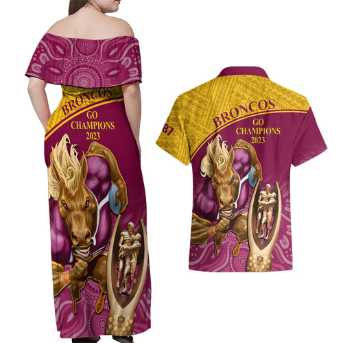 brisbane-broncos-rugby-couples-matching-off-shoulder-maxi-dress-and-hawaiian-shirt-go-champions-2023-mascot-with-polynesian-indigenous-art