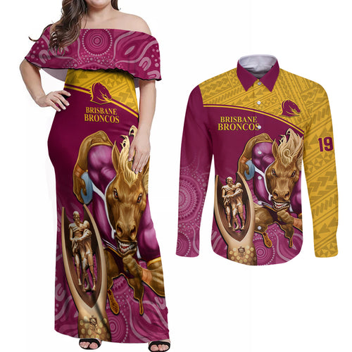 brisbane-broncos-rugby-couples-matching-off-shoulder-maxi-dress-and-long-sleeve-button-shirts-go-champions-2023-mascot-with-polynesian-indigenous-art