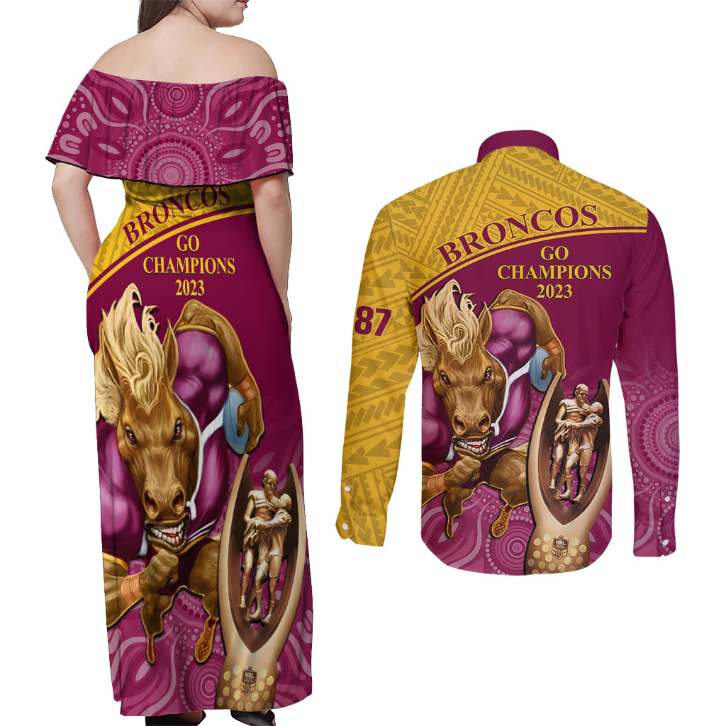 brisbane-broncos-rugby-couples-matching-off-shoulder-maxi-dress-and-long-sleeve-button-shirts-go-champions-2023-mascot-with-polynesian-indigenous-art