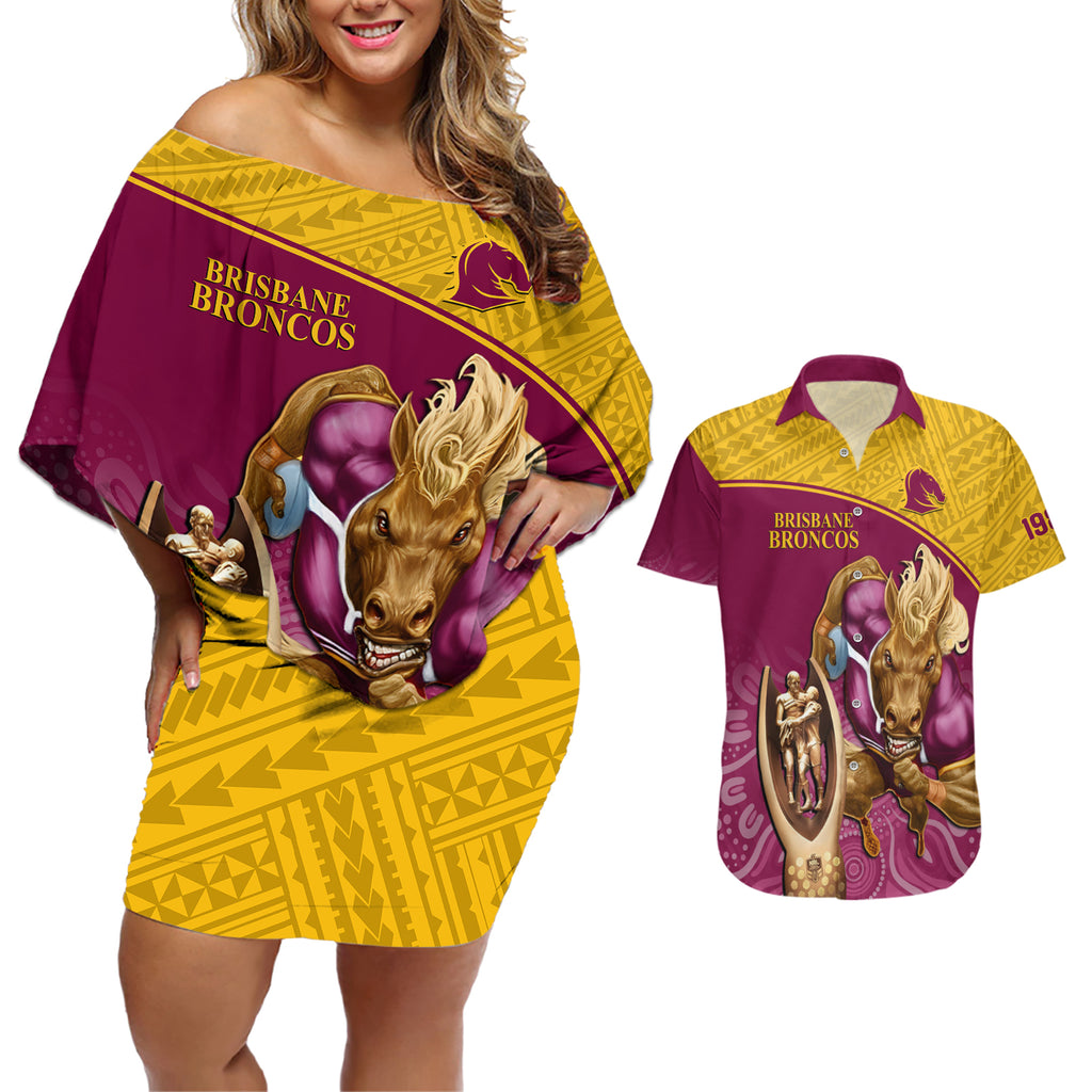brisbane-broncos-rugby-couples-matching-off-shoulder-short-dress-and-hawaiian-shirt-go-champions-2023-mascot-with-polynesian-indigenous-art