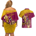 brisbane-broncos-rugby-couples-matching-off-shoulder-short-dress-and-hawaiian-shirt-go-champions-2023-mascot-with-polynesian-indigenous-art