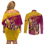 brisbane-broncos-rugby-couples-matching-off-shoulder-short-dress-and-long-sleeve-button-shirts-go-champions-2023-mascot-with-polynesian-indigenous-art