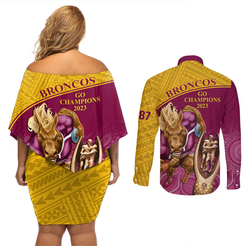 brisbane-broncos-rugby-couples-matching-off-shoulder-short-dress-and-long-sleeve-button-shirts-go-champions-2023-mascot-with-polynesian-indigenous-art