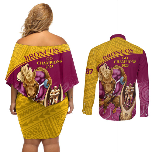 brisbane-broncos-rugby-couples-matching-off-shoulder-short-dress-and-long-sleeve-button-shirts-go-champions-2023-mascot-with-polynesian-indigenous-art