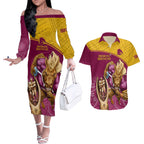 brisbane-broncos-rugby-couples-matching-off-the-shoulder-long-sleeve-dress-and-hawaiian-shirt-go-champions-2023-mascot-with-polynesian-indigenous-art