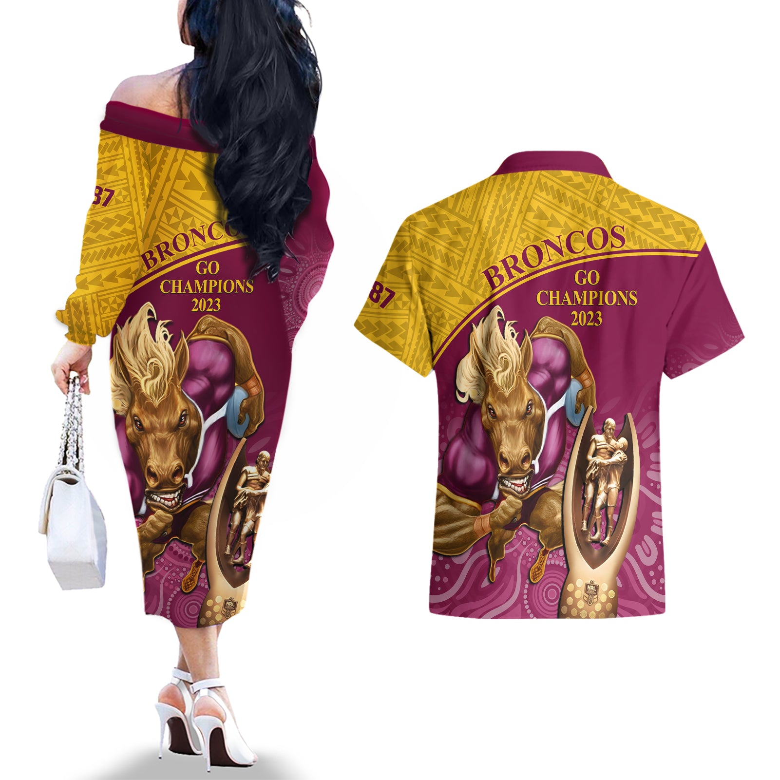 brisbane-broncos-rugby-couples-matching-off-the-shoulder-long-sleeve-dress-and-hawaiian-shirt-go-champions-2023-mascot-with-polynesian-indigenous-art