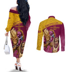 brisbane-broncos-rugby-couples-matching-off-the-shoulder-long-sleeve-dress-and-long-sleeve-button-shirts-go-champions-2023-mascot-with-polynesian-indigenous-art