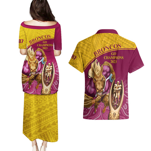 brisbane-broncos-rugby-couples-matching-puletasi-dress-and-hawaiian-shirt-go-champions-2023-mascot-with-polynesian-indigenous-art