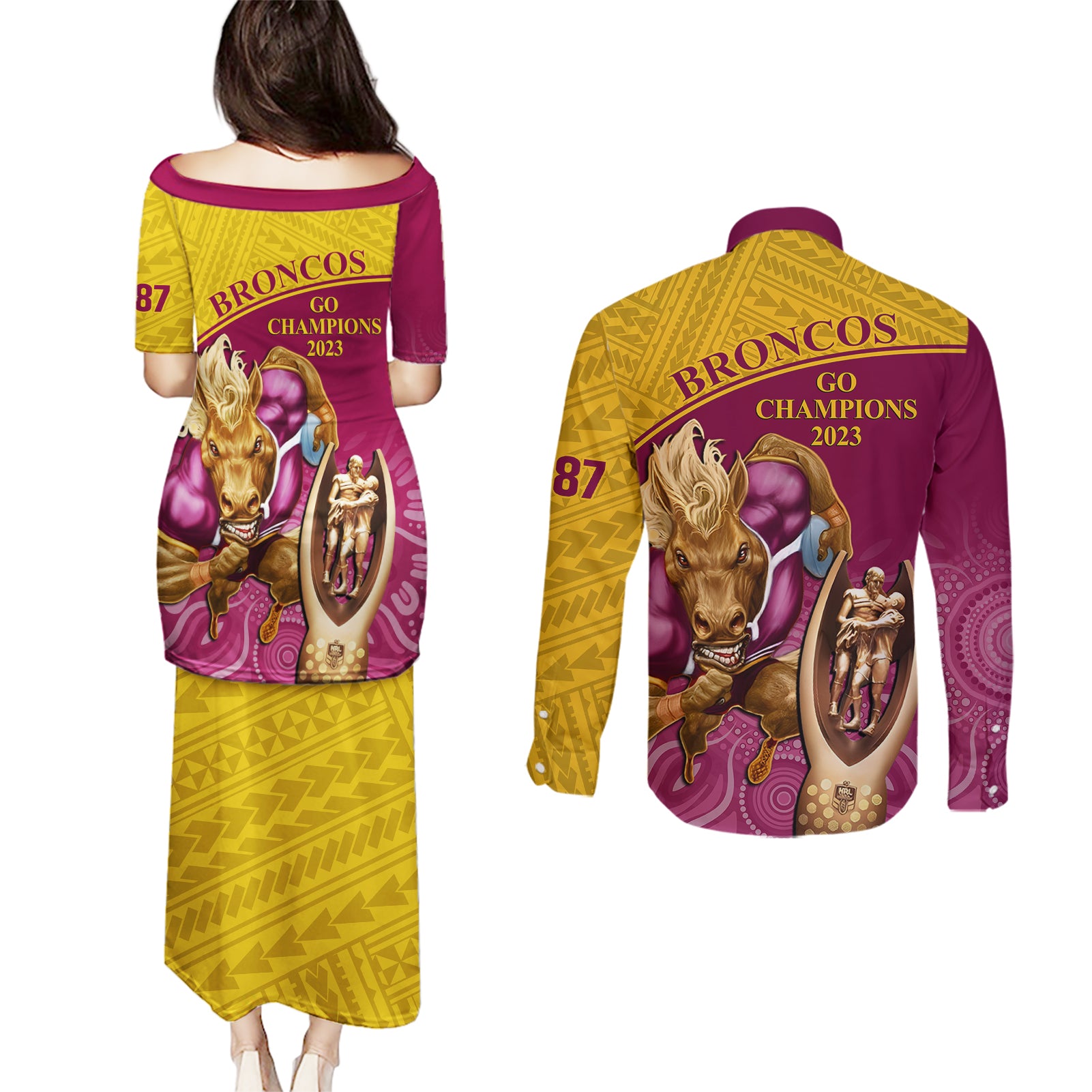 brisbane-broncos-rugby-couples-matching-puletasi-dress-and-long-sleeve-button-shirts-go-champions-2023-mascot-with-polynesian-indigenous-art
