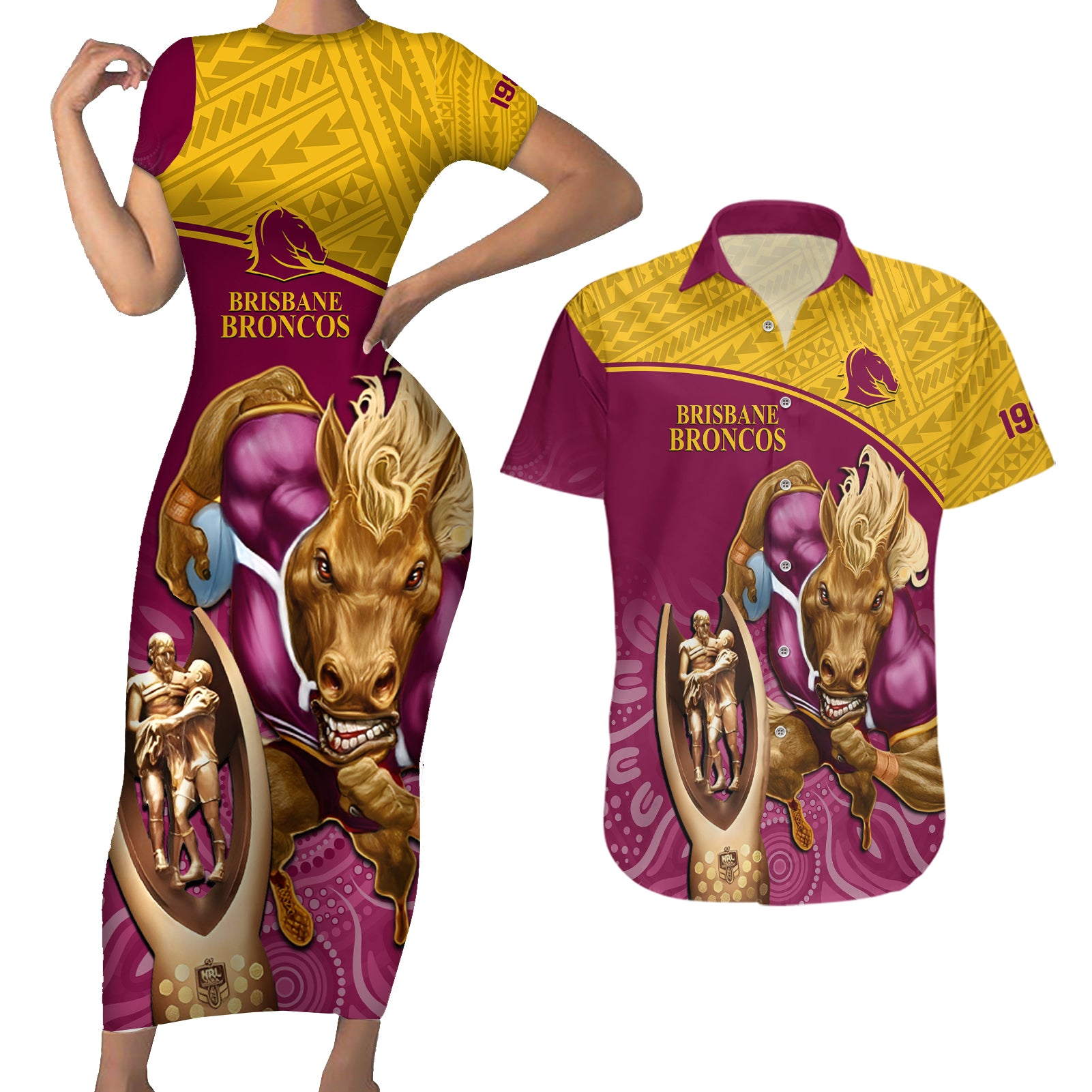 brisbane-broncos-rugby-couples-matching-short-sleeve-bodycon-dress-and-hawaiian-shirt-go-champions-2023-mascot-with-polynesian-indigenous-art