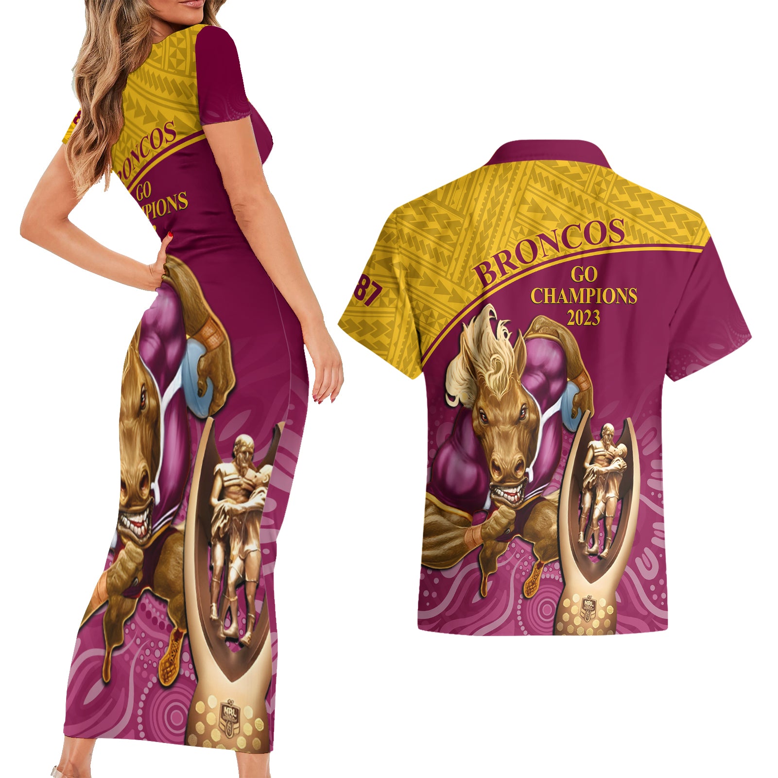 brisbane-broncos-rugby-couples-matching-short-sleeve-bodycon-dress-and-hawaiian-shirt-go-champions-2023-mascot-with-polynesian-indigenous-art