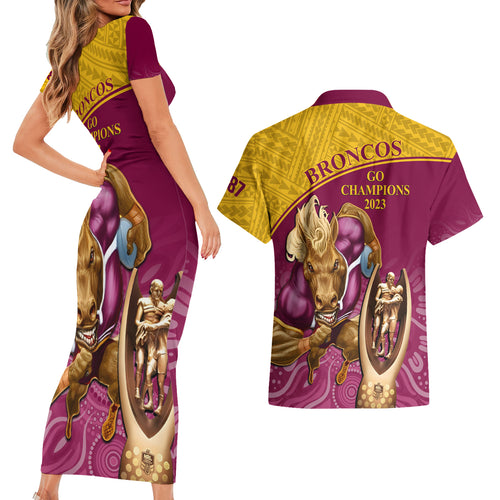brisbane-broncos-rugby-couples-matching-short-sleeve-bodycon-dress-and-hawaiian-shirt-go-champions-2023-mascot-with-polynesian-indigenous-art