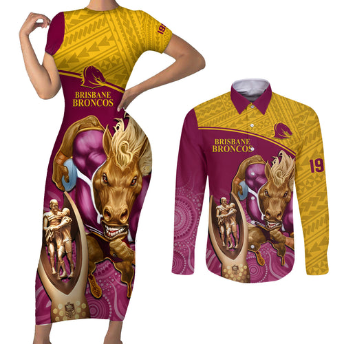 brisbane-broncos-rugby-couples-matching-short-sleeve-bodycon-dress-and-long-sleeve-button-shirts-go-champions-2023-mascot-with-polynesian-indigenous-art