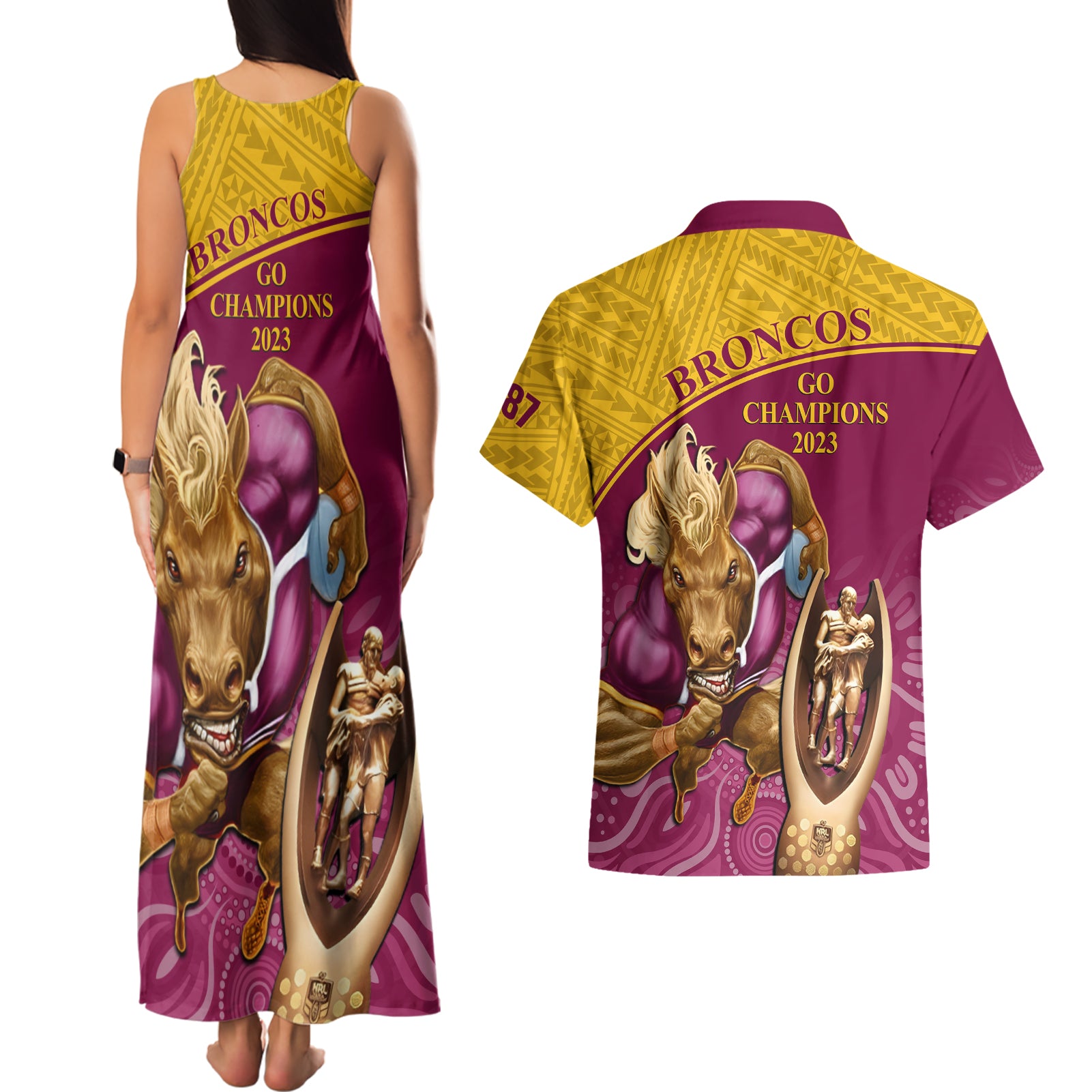 brisbane-broncos-rugby-couples-matching-tank-maxi-dress-and-hawaiian-shirt-go-champions-2023-mascot-with-polynesian-indigenous-art
