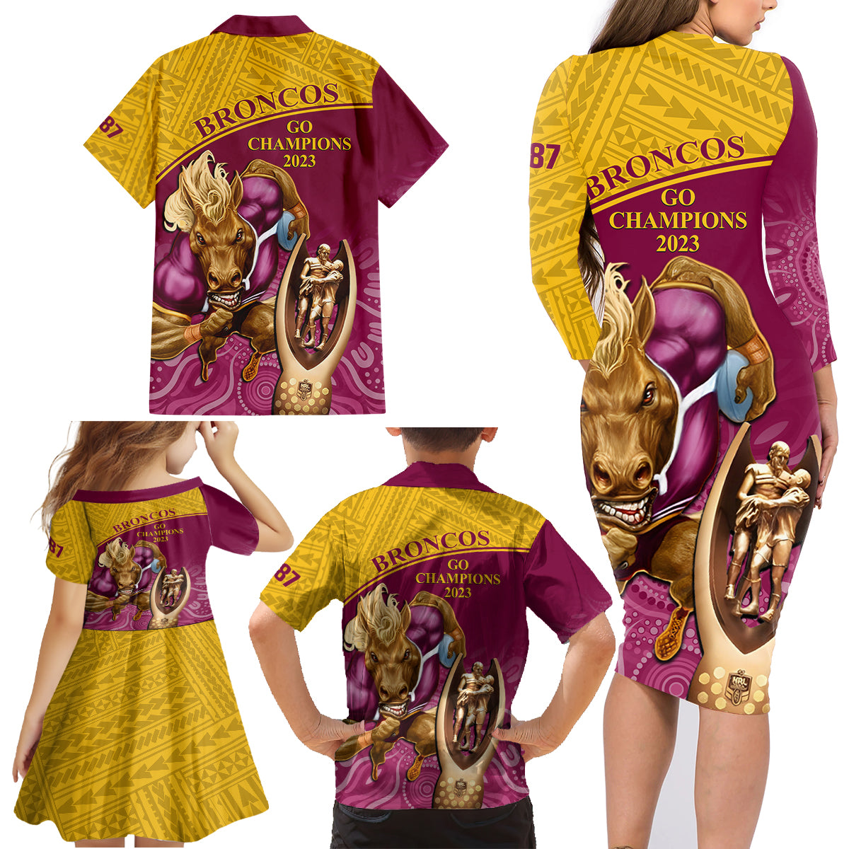 brisbane-broncos-rugby-family-matching-long-sleeve-bodycon-dress-and-hawaiian-shirt-go-champions-2023-mascot-with-polynesian-indigenous-art