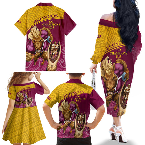 brisbane-broncos-rugby-family-matching-off-shoulder-long-sleeve-dress-and-hawaiian-shirt-go-champions-2023-mascot-with-polynesian-indigenous-art