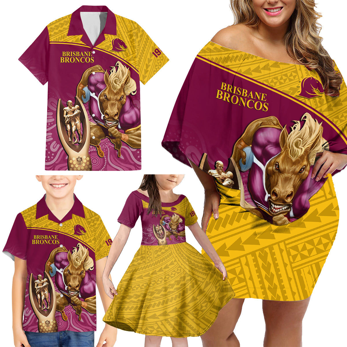 brisbane-broncos-rugby-family-matching-off-shoulder-short-dress-and-hawaiian-shirt-go-champions-2023-mascot-with-polynesian-indigenous-art