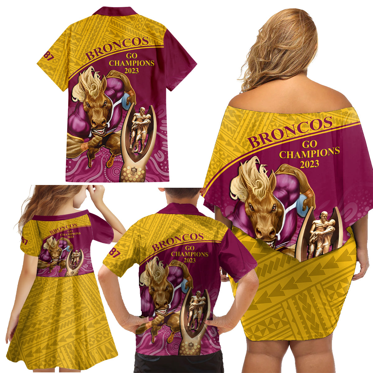 brisbane-broncos-rugby-family-matching-off-shoulder-short-dress-and-hawaiian-shirt-go-champions-2023-mascot-with-polynesian-indigenous-art