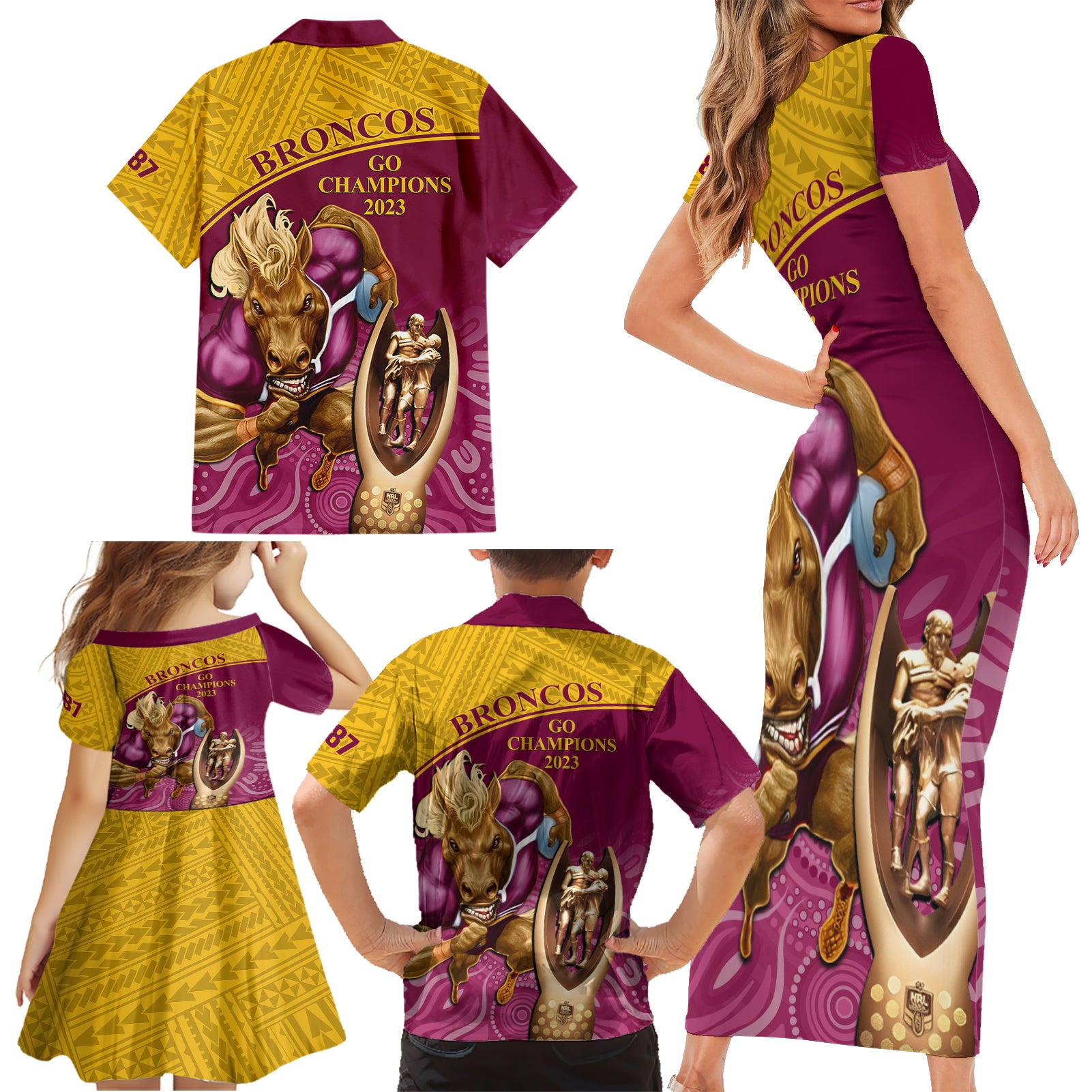 brisbane-broncos-rugby-family-matching-short-sleeve-bodycon-dress-and-hawaiian-shirt-go-champions-2023-mascot-with-polynesian-indigenous-art