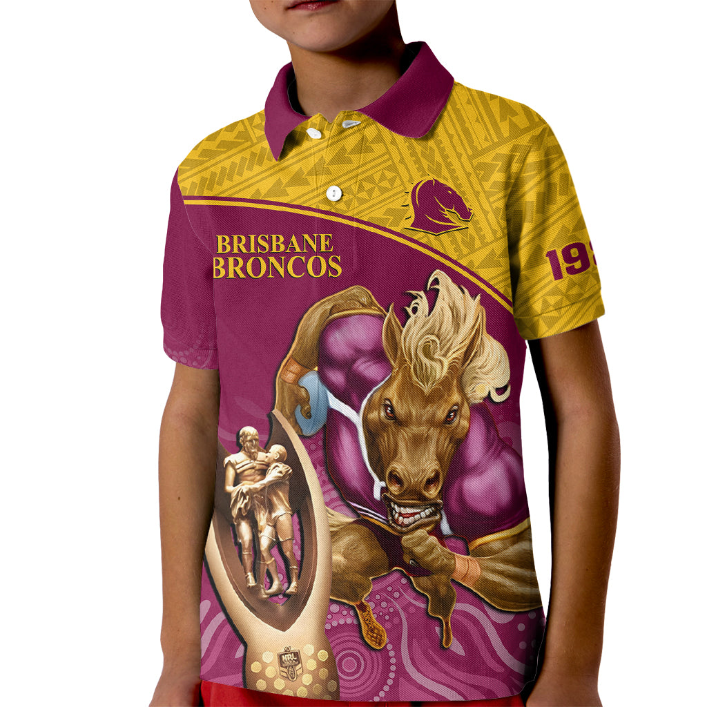 brisbane-broncos-rugby-kid-polo-shirt-go-champions-2023-mascot-with-polynesian-indigenous-art