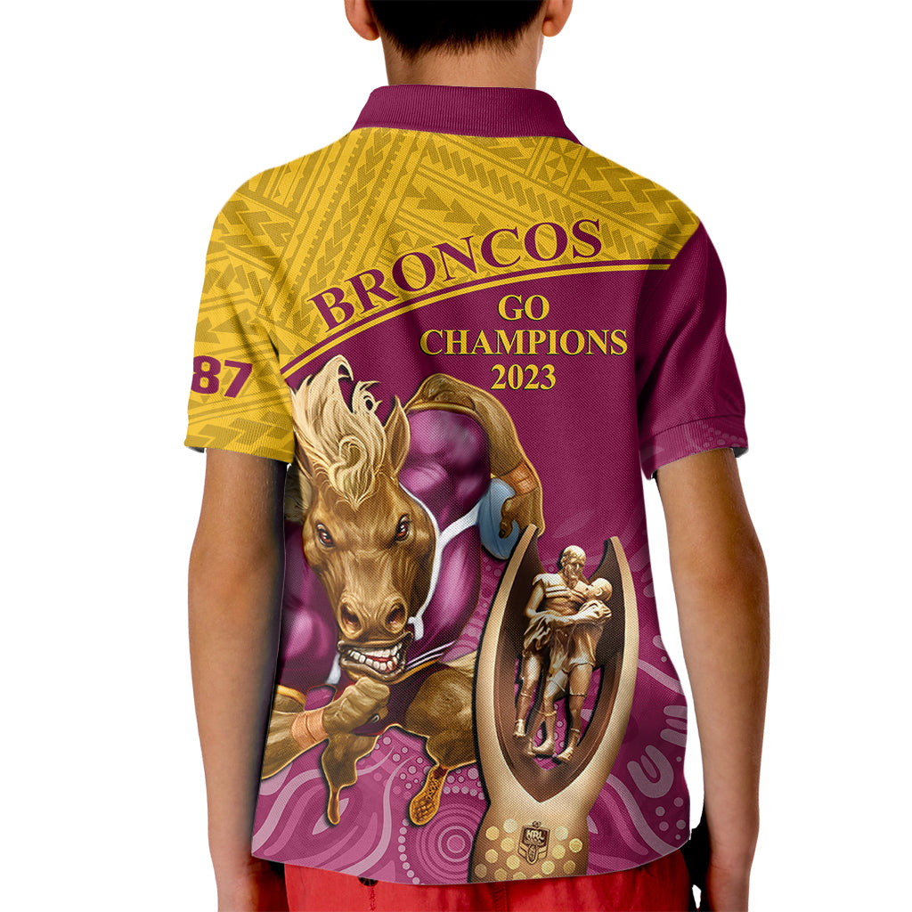 brisbane-broncos-rugby-kid-polo-shirt-go-champions-2023-mascot-with-polynesian-indigenous-art
