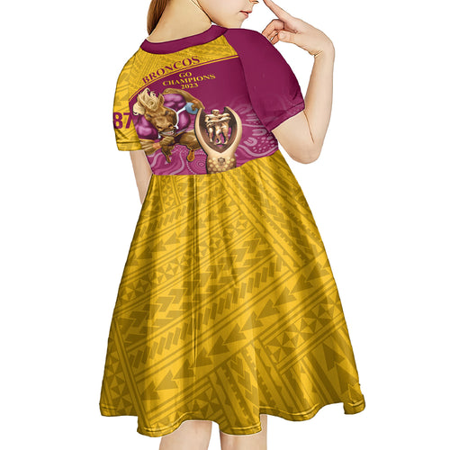 brisbane-broncos-rugby-kid-short-sleeve-dress-go-champions-2023-mascot-with-polynesian-indigenous-art