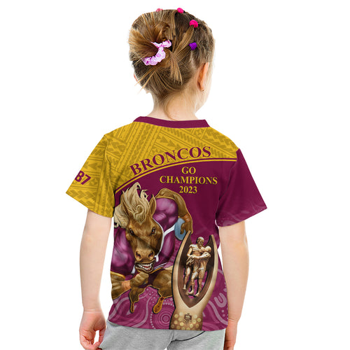 brisbane-broncos-rugby-kid-t-shirt-go-champions-2023-mascot-with-polynesian-indigenous-art