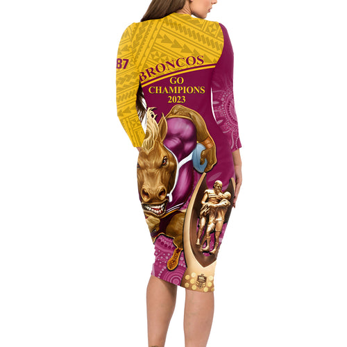 brisbane-broncos-rugby-long-sleeve-bodycon-dress-go-champions-2023-mascot-with-polynesian-indigenous-art