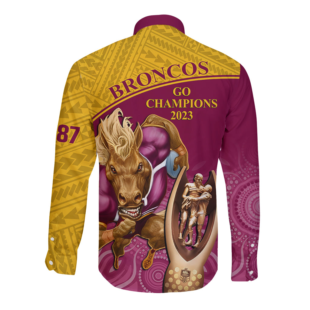 brisbane-broncos-rugby-long-sleeve-button-shirt-go-champions-2023-mascot-with-polynesian-indigenous-art