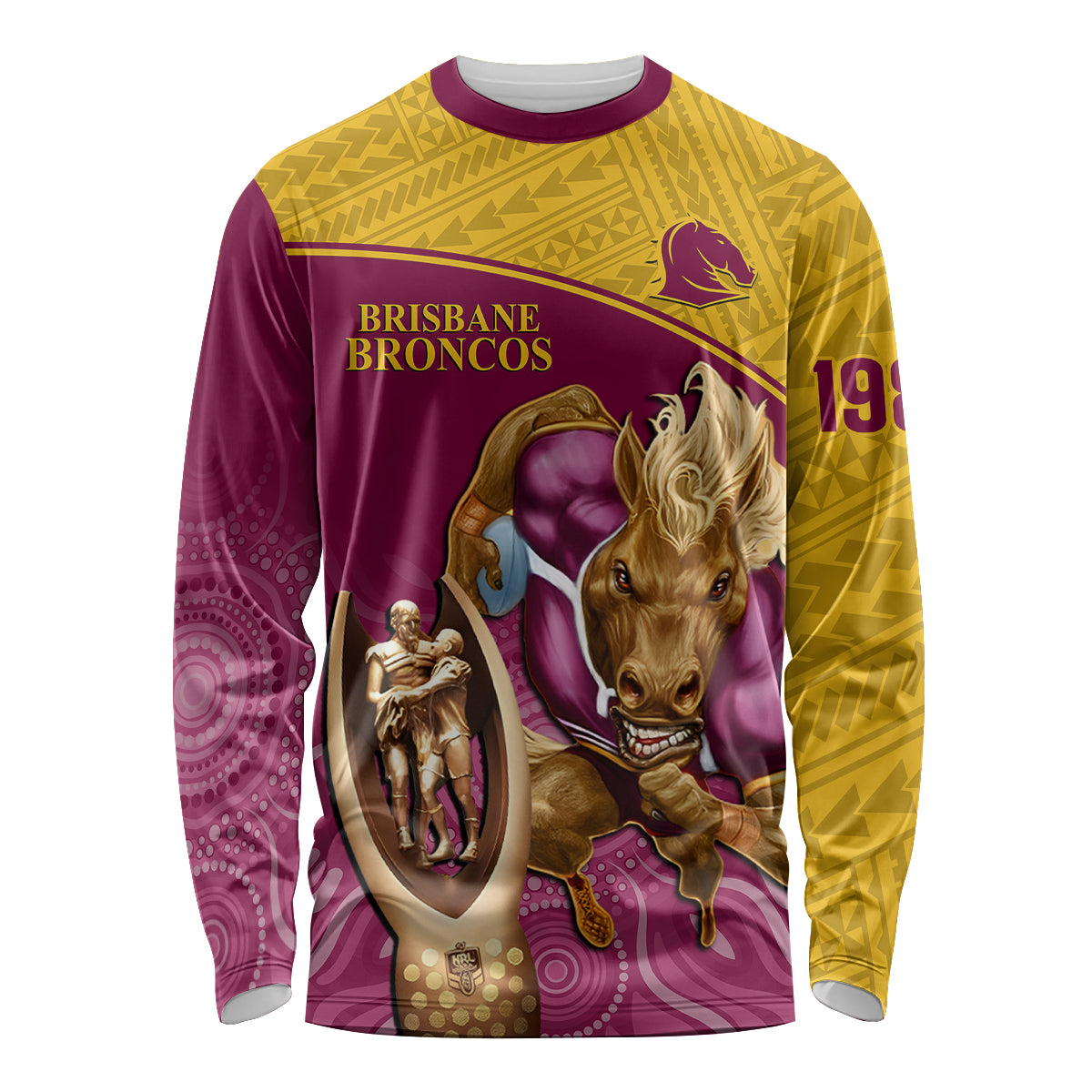 brisbane-broncos-rugby-long-sleeve-shirt-go-champions-2023-mascot-with-polynesian-indigenous-art