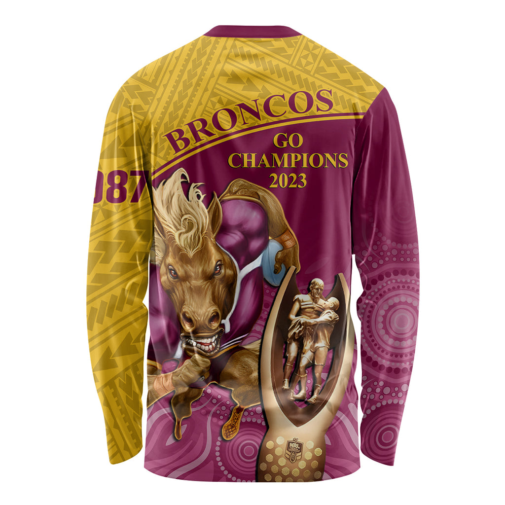 brisbane-broncos-rugby-long-sleeve-shirt-go-champions-2023-mascot-with-polynesian-indigenous-art