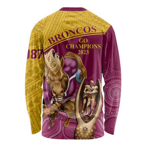 brisbane-broncos-rugby-long-sleeve-shirt-go-champions-2023-mascot-with-polynesian-indigenous-art
