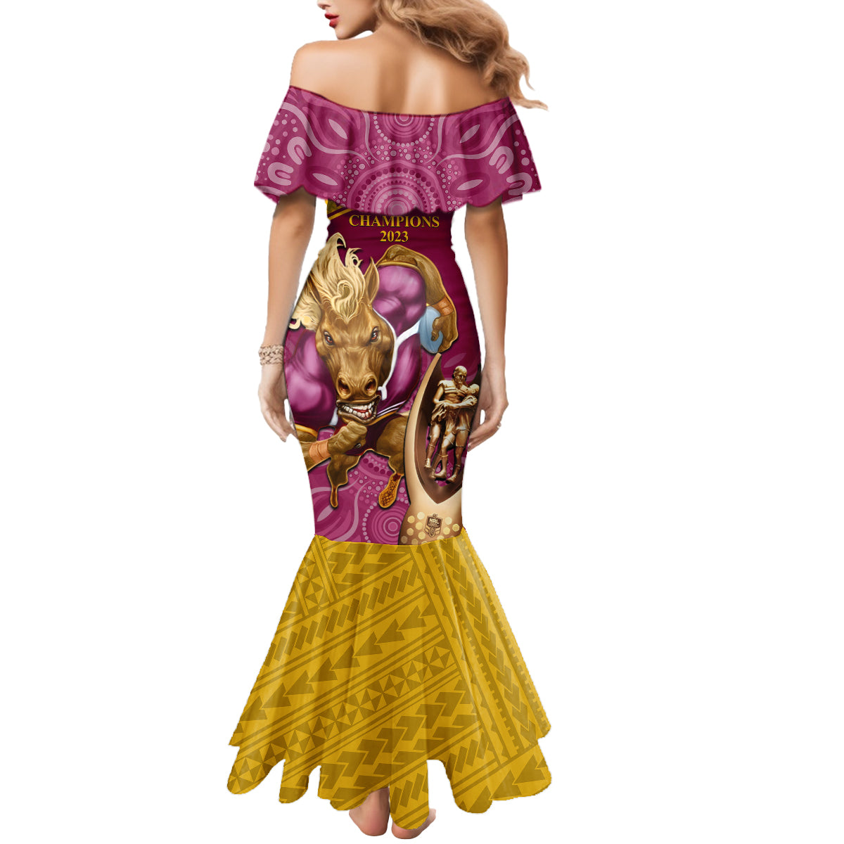 brisbane-broncos-rugby-mermaid-dress-go-champions-2023-mascot-with-polynesian-indigenous-art