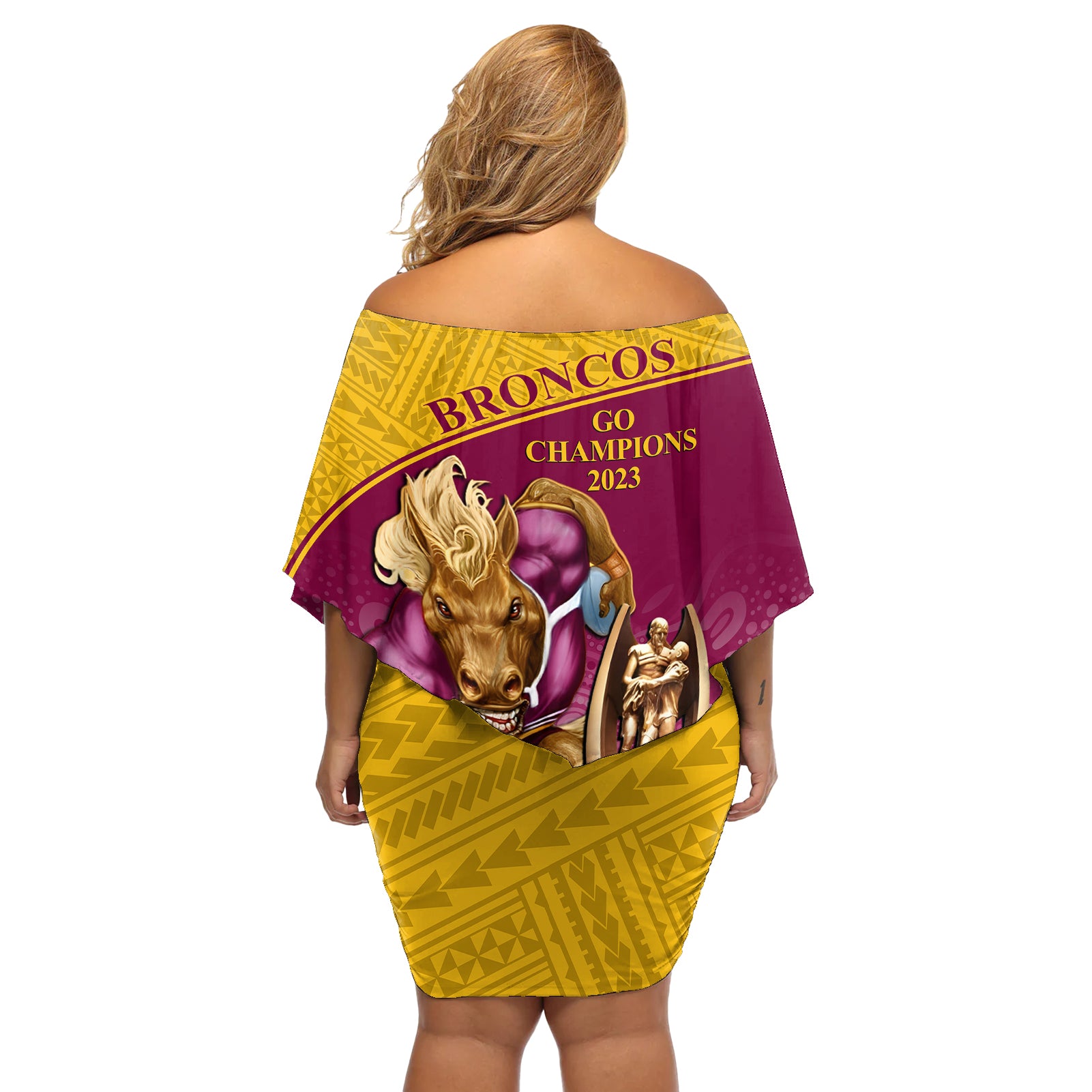 brisbane-broncos-rugby-off-shoulder-short-dress-go-champions-2023-mascot-with-polynesian-indigenous-art