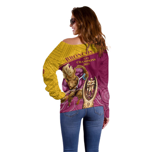 brisbane-broncos-rugby-off-shoulder-sweater-go-champions-2023-mascot-with-polynesian-indigenous-art
