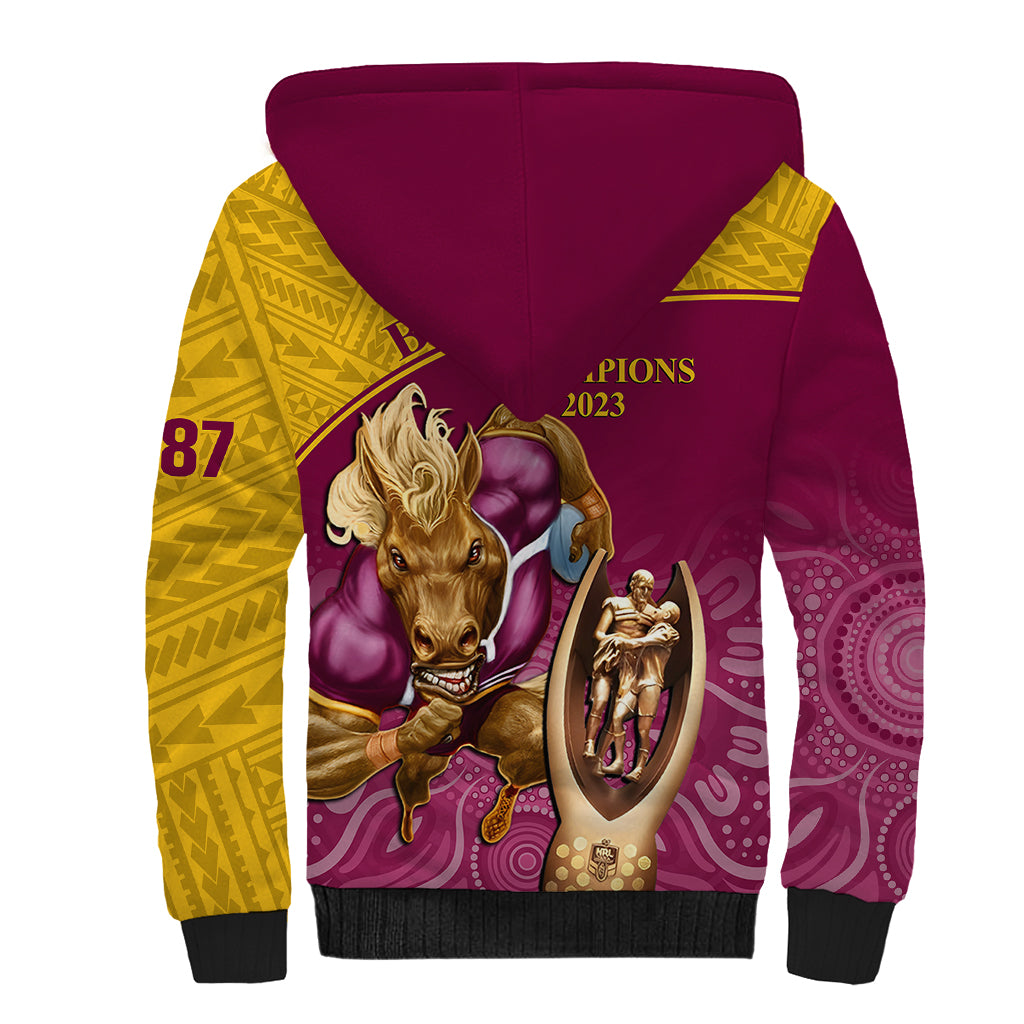 brisbane-broncos-rugby-sherpa-hoodie-go-champions-2023-mascot-with-polynesian-indigenous-art