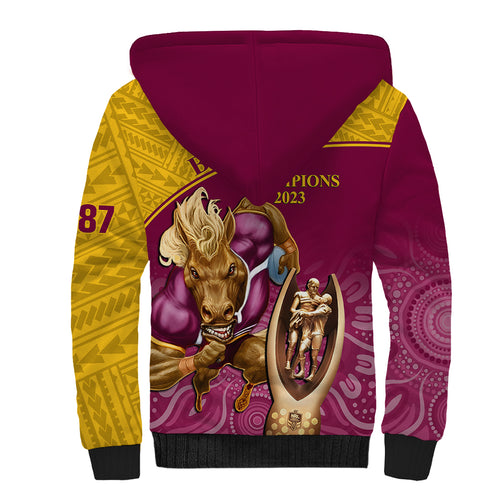 brisbane-broncos-rugby-sherpa-hoodie-go-champions-2023-mascot-with-polynesian-indigenous-art