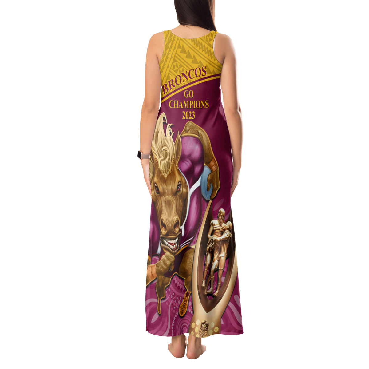 brisbane-broncos-rugby-tank-maxi-dress-go-champions-2023-mascot-with-polynesian-indigenous-art