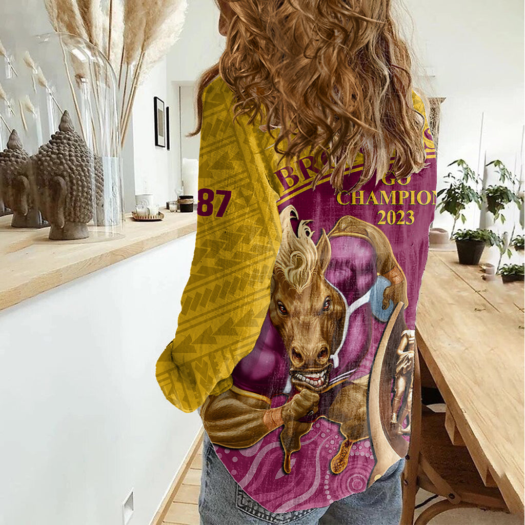 brisbane-broncos-rugby-women-casual-shirt-go-champions-2023-mascot-with-polynesian-indigenous-art