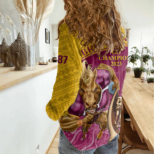 brisbane-broncos-rugby-women-casual-shirt-go-champions-2023-mascot-with-polynesian-indigenous-art