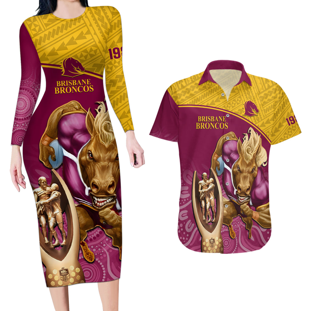 custom-brisbane-broncos-rugby-couples-matching-long-sleeve-bodycon-dress-and-hawaiian-shirt-go-champions-2023-mascot-with-polynesian-indigenous-art