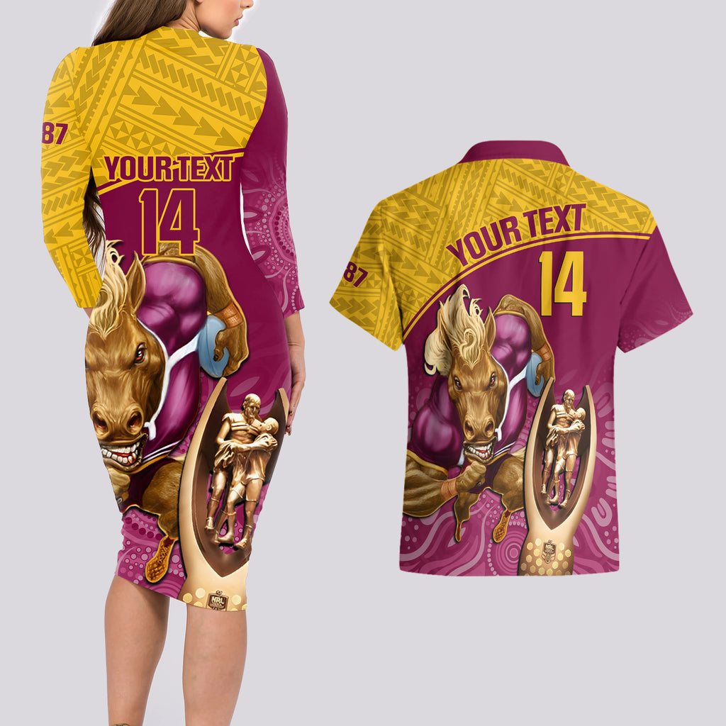 custom-brisbane-broncos-rugby-couples-matching-long-sleeve-bodycon-dress-and-hawaiian-shirt-go-champions-2023-mascot-with-polynesian-indigenous-art