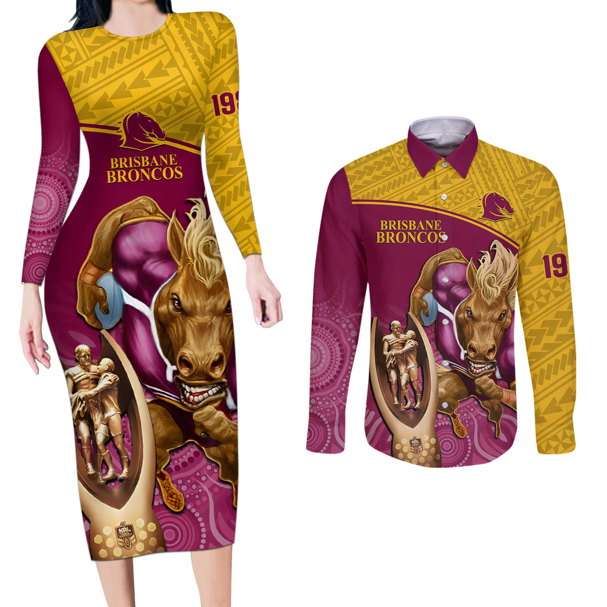 custom-brisbane-broncos-rugby-couples-matching-long-sleeve-bodycon-dress-and-long-sleeve-button-shirts-go-champions-2023-mascot-with-polynesian-indigenous-art