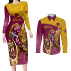 custom-brisbane-broncos-rugby-couples-matching-long-sleeve-bodycon-dress-and-long-sleeve-button-shirts-go-champions-2023-mascot-with-polynesian-indigenous-art