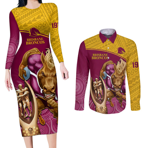 custom-brisbane-broncos-rugby-couples-matching-long-sleeve-bodycon-dress-and-long-sleeve-button-shirts-go-champions-2023-mascot-with-polynesian-indigenous-art